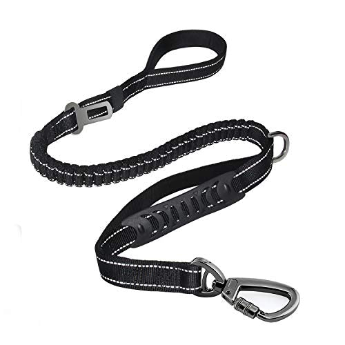 Fashion&Cool Heavy Duty Dog Leash Especially Large Dogs Up to 150lbs, 4-6 Ft Reflective Dog Walking Training Shock Absorbing Bungee Leash Car Seat Belt Buckle, 2 Padded Traffic Handle Extra Control - color: Black