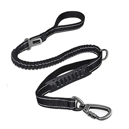 Fashion&Cool Heavy Duty Dog Leash Especially Large Dogs Up to 150lbs, 4-6 Ft Reflective Dog Walking Training Shock Absorbing Bungee Leash Car Seat Belt Buckle, 2 Padded Traffic Handle Extra Control - color: Black