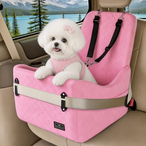 PETSFIT Dog Car Seat for Small/Medium Dogs Up to 35 lbs – Patented Safety System, 5" Memory Foam Pet Booster Car Seat, Fully Detachable and Washable Dog Carseat with 2 Storage Pockets (Pink) - color: Pink