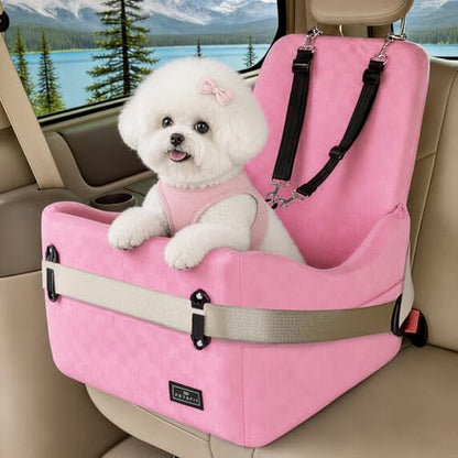 PETSFIT Dog Car Seat for Small/Medium Dogs Up to 35 lbs – Patented Safety System, 5" Memory Foam Pet Booster Car Seat, Fully Detachable and Washable Dog Carseat with 2 Storage Pockets (Pink) - color: Pink