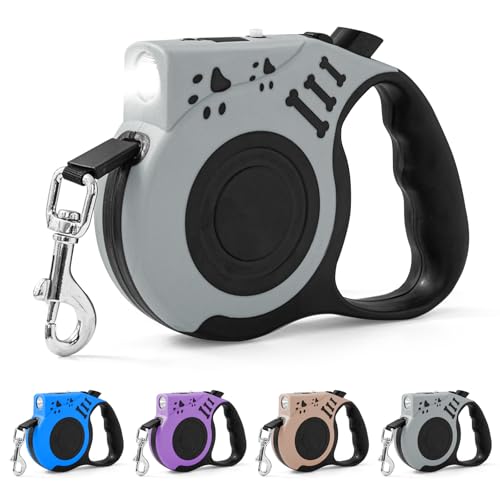Retractable Dog Leash with USB Rechargeable Flashlight for Night Walks, 16FT Automatic Telescopic Tractor Dog Leash for Small and Medium Dogs, Grey - color: Grey