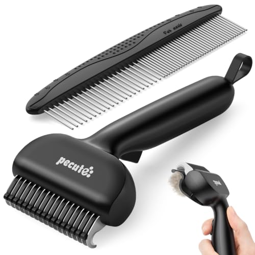 Pecute Self-Cleaning Undercoat Rake for Dogs Cats with Thick Double Coats | 1-click clean, 304SS, 18 rounded teeth, For seasonal heavy shedding & matting, Gentle on pets, Ideal for long/dense coats - color: Black