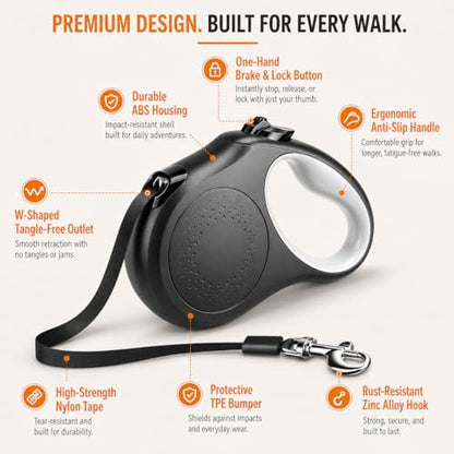 Retractable Dog Leash 16FT for Small & Medium Dogs up to 55 lbs – Tangle-Free 360° Swivel, One-Hand Dual Brake & Lock, Comfortable Anti-Slip Grip for Safe Daily Walks