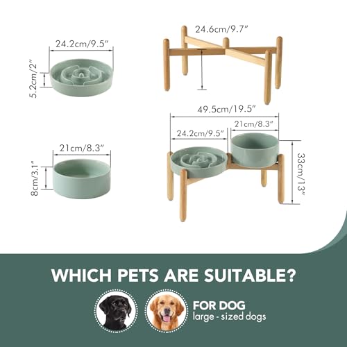 Havniva 9.5” Raised Slow Feeder Dog Bowls Set, 3.2 Cups Ceramic Slow Feeder Dog Bowl and 8.2” Dog Water Bowl with Elevated Wooden Stand Puzzle Dog Food Bowl for Large Dogs Anti-Gulping & Anti-Choking - color: 2 x Light Green+Stand-A, size: 9.5inch