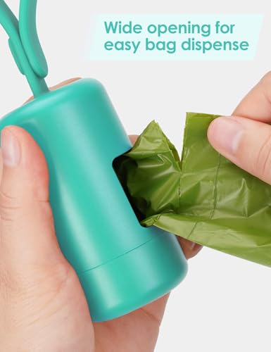 Gobeigo Dog Poop Bag Holder【Convenient Hook for Used Bags】【Silicone Strap Fits Any Leash】【Large Opening for Easy Dispensing】with 1 Roll Waste Bags (Turquoise) - color: Turquoise