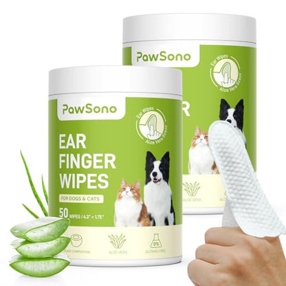 PawSono Ear Finger Wipes Eye Wipes for Dogs & Cats, Thicker Dog Ear Cleaner Wipes, Natural Relief Cat Ear Cleaner Dog, Pet Health Supplies for Dog Kitten Small Animal, Aloe Scent Deodorizing - 100 P - size: 100 Count