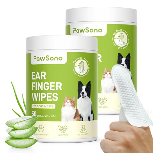 PawSono Dog Ear Wipes - 100 Count Dog Ear Cleaner Finger Wipes for Dogs & Cats, Pre-Moistened Ear Cleaning Wipes for Puppies, Kittens & Small Animals, Thick Pet Ear Wipes to Remove Wax, Dirt & Debris - size: 100 Count