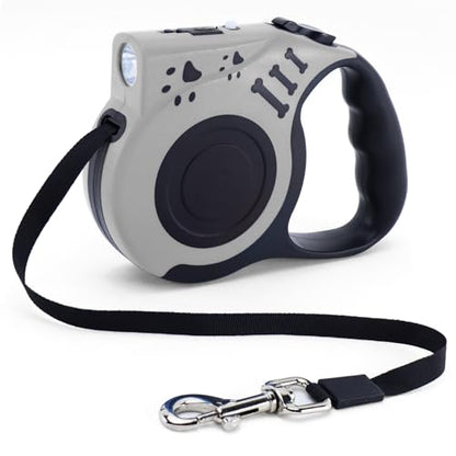 16FT Retractable Dog Leash with LED Flashlight for Night Walking, USB Rechargeable Hands-Free Leash for Small Medium Dogs, Automatic Locking & Extending, Grey