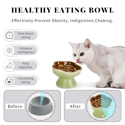 S&Q's CERAMICS Raised Slow Feeder Cat Bowl, Ceramic Elevated Cute Pet Food Bowl Small Dogs Slow Feeder, Flower Shaped Cute Cat Dish for Dry and Wet Food (Brown, 5.8") - color: Brown
