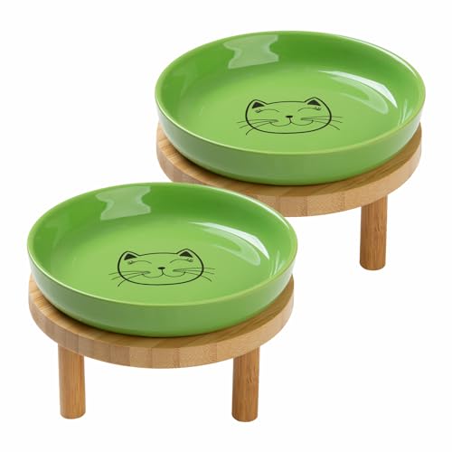 Lusifaco Shallow Elevated Cat Bowls,5.9 Inch Wide Raised Ceramic Cat Dishes with Bamboo Stand, Whisker Friendly Pet Water or Food Plates Feeding Station for Indoor Cats, Kitten(Green,Set of 2) - color: Green