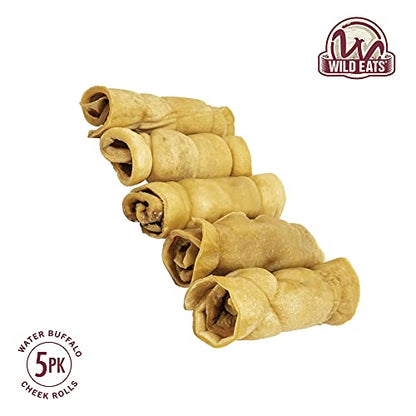 Wild Eats Water Buffalo Retriever Style Cheek Roll Dog Chews - 5 Pack (Long Lasting Chews, Treats, Bones for Aggressive Chewers & Large Dogs) Great Substitute Pig Ears Dogs