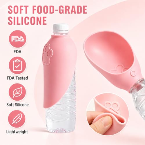 Portable Dog Water Bottle Attachment, Slip-On Pet Water Bowl for Walks | Silicone Dog Drink Dispenser, Fits Standard Water Bottles,Ideal for Dog Cat Walking Hiking Travel Foldable Leaf Design - color: Pink