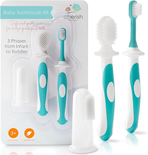 Cherish Baby Care Baby Toothbrush & Toddler Toothbrush Set (0-2 Years) - BPA-Free & Safety-Tested, 2023 Award Winner, Food-Grade Silicone (Teal) - color: Teal, style: Babies