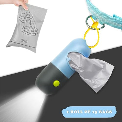 Dog Poop Bag Holder with LED Flashlight for Night Walks,Silicone Tether & Panda Pattern Clip for Used Bags, Hands-Free Metal Leash Carabiner, Includes 15 Scented Waste Bags (Blue) - color: Blue