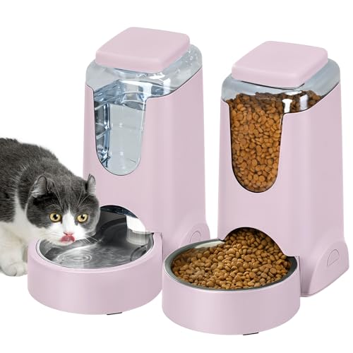 2 Pack Automatic Cat Feeder and Stainless Steel Water Dispenser, Gravity Dog Waterer Set Food Feeder and Waterer Set for Small Medium Kitten Puppy Pets(1 Gallon x 2, Violet) - color: 1 Gallon x 2 - Violet