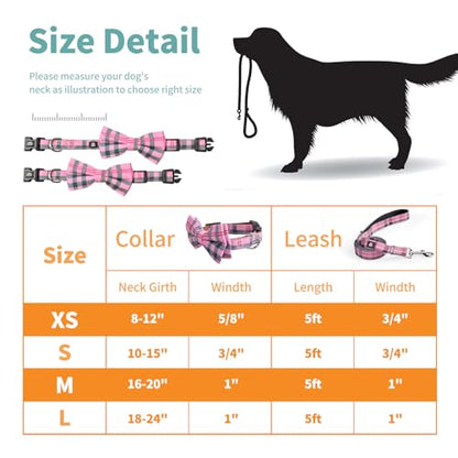 IVY&LANE Dog Collar with Bowtie and Leash Set | Plaid Adjustable Dog Collar | Detachable Bow Tie |5 FT Dog Leash | for Small Medium Large Dogs | Checkered Pink | Small - color: Checkered Pink, size: S