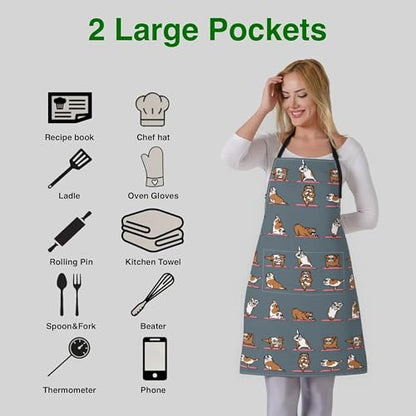 Dog or Paw Apron - 33" x 28" Large with 26" Waist Ties, Lightweight, with 2 Pockets for Your Cooking Essentials - style: English Bulldog Yoga