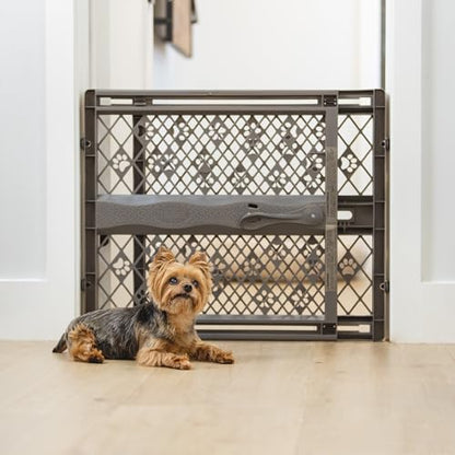 MYPET Paws Portable Pet Gate: 26-40" Wide Expandable, Pressure Mounted No Tools Needed, Durable Dog Gate for Doorways, Made in USA, 23" Tall, Fieldstone Gray - color: Fieldstone