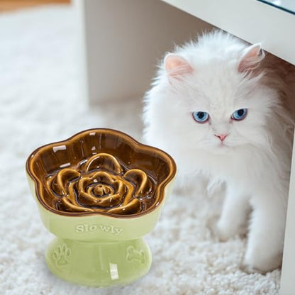 S&Q's CERAMICS Raised Slow Feeder Cat Bowl, Ceramic Elevated Cute Pet Food Bowl Small Dogs Slow Feeder, Flower Shaped Cute Cat Dish for Dry and Wet Food (Brown, 5.8") - color: Brown