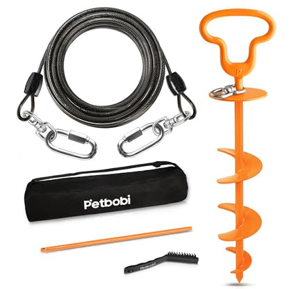 Petbobi Dog Tie Out Cable & Stake, Heavy Duty 30FT Lead for 300lbs Dog | Escape-Proof Screw-Lock, 6mm Chew-Proof Tether, 16.5" Stake, 360° Swivel, 5-In-1 Set with Rod, Yard Beach & Camping Outside - size: 30ft
