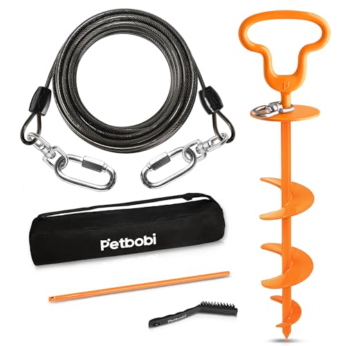Petbobi Dog Tie Out Cable & Stake, Heavy Duty 30FT Lead for 300lbs Dog | Escape-Proof Screw-Lock, 6mm Chew-Proof Tether, 16.5" Stake, 360° Swivel, 5-In-1 Set with Rod, Yard Beach & Camping Outside - size: 30ft