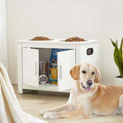 VEVOR Elevated Pet Bowls with Storage Cabinet, Feeding Station with 2 Raised Bowls, Wooden Stand with Handles & Magnetic Doors, Pet Feeder & Toy Organizer, White - size: 23.62x11.81x17.32 inch