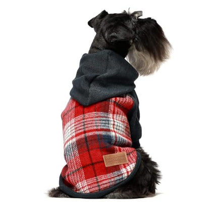 Fitwarm Tartan Plaid Dog Hoodie, Knitted Dog Clothes for Small Dogs Boy, Pet Sweater with Hood, Cat Fleece Lined Winter Outfit, Red, Navy Blue, Medium - color: Red, size: Medium