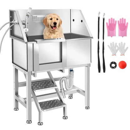 Stainless Steel Dog Washing Station, Pet Grooming Tub W/Storage Stairs, Faucet & Showerhead & Soap Holder Dog Bathtub for Large & Medium & Small Pets,34" L-RAMP - color: 34" L-RAMP