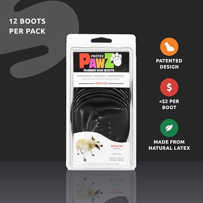 PawZ Rubber Dog Boots for Medium Paws - All-Weather Waterproof Dog Shoes, Anti-Slip Traction for Rain, Snow, Mud & Hot Pavement - Pull-On Dog Booties, Black - Medium (2.5" - 3") - Pack of 24 - size: M