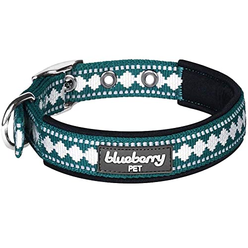 Blueberry Pet Reflective Jacquard Dog Collar with Neoprene Padding & Metal Buckle | Soft & Adjustable Safety Collar - Teal Blue - color: Metal Buckle-Teal Blue, size: Small