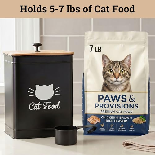 Cat Food Storage Container with Scoop - 5-7 lb (25 Cup) Capacity Metal Cat Food Container with Airtight Bamboo Lid and Metal Scoop - Airtight Pet Food Storage Containers 5 lb - 7 lb Kibble Container - color: Black
