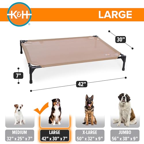 K&H Outdoor Elevated Dog Bed - Cooling Raised Dog Bed for Medium & Large Pets, Breathable Mesh Hammock Design, Indoor/Outdoor Washable Cover, Portable Metal Frame, Tan, Large 42x30in