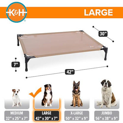 K&H Outdoor Elevated Dog Bed - Cooling Raised Dog Bed for Medium & Large Pets, Breathable Mesh Hammock Design, Indoor/Outdoor Washable Cover, Portable Metal Frame, Tan, Large 42x30in