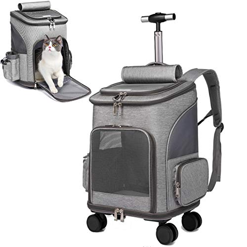 Wheeled Pet Carrier Backpack Pet Stroller, Travel Carrier, Car Seat for Small Dogs Cats Puppies, Comfort Cat Backpack Removable Rolling Wheels – Mesh Ventilation Windows (Grey) - color: Standard Grey