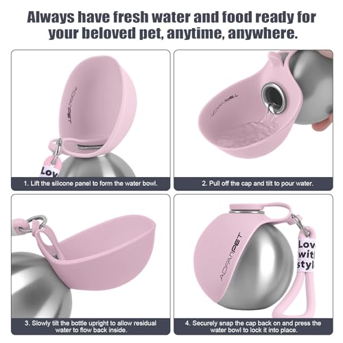 Portable Dog Water Bottle 10oz Stainless Steel Travel Dog Water Dispenser with Bowl No-Spill Puppy Water Bottle for Walking Hiking Small Dog Water Bottle - color: Pink