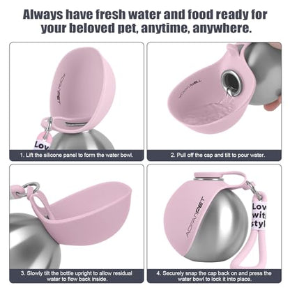 Portable Dog Water Bottle 10oz Stainless Steel Travel Dog Water Dispenser with Bowl No-Spill Puppy Water Bottle for Walking Hiking Small Dog Water Bottle - color: Pink