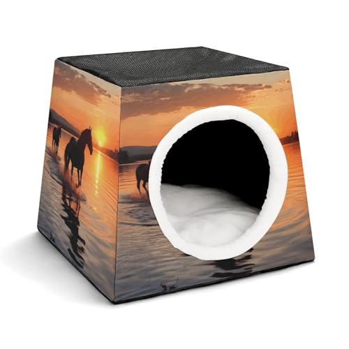 Collapsible Soft Dog Crate Pet Kennel Houses Sunsets Lake Horses Printed Lightweight Travel Crate Kennel Indoor & Outdoor, 13.8"x13.8"x11.8"