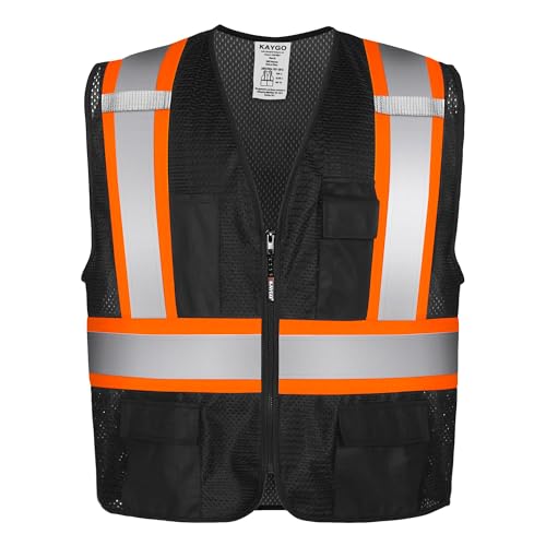 KAYGO Reflective High Vis Safety Vest with Pockets for Men and Women KG0100 | Breathable Polyester Lightweight, Two-Tone, ANSI Class 2, for Construction, Warehouse, Surveying, Cycling, Machine Washable - color: Black, size: Small