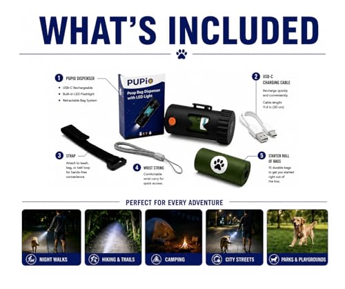 Poop Bag Holder With LED Flashlight USB-C Rechargeable No Batteries Needed Unique Retracting Function Compact Durable Lightweight Includes 15 bags and Charging Cable