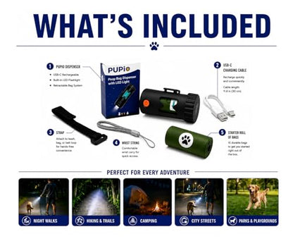 Poop Bag Holder With LED Flashlight USB-C Rechargeable No Batteries Needed Unique Retracting Function Compact Durable Lightweight Includes 15 bags and Charging Cable