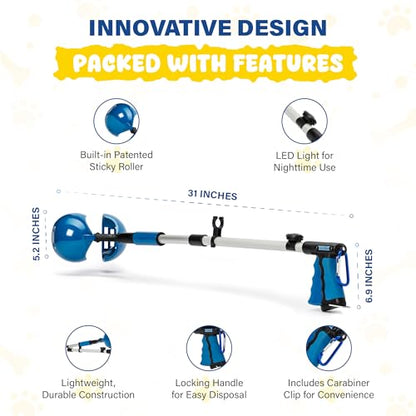 Dog Pooper Scooper 3 Tools in 1, Portable Pooper Scooper for Large & Small Dogs | Long Handle Poop Scooper for Dogs | Durable & Easy-to-Use Poop Scooper for Yard with Sticky Roller Feature