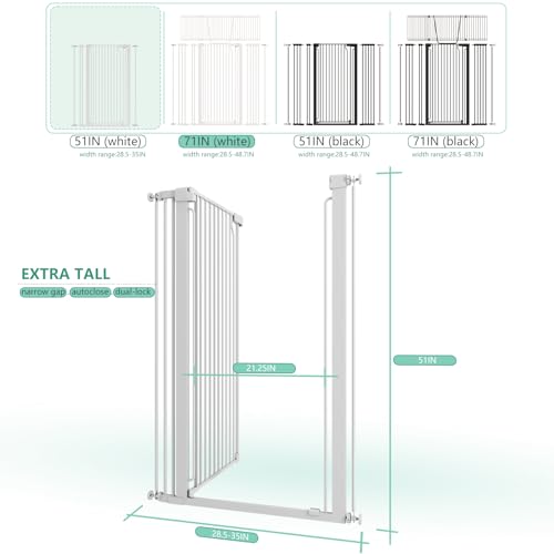 51" Extra Tall Cat Gate 28.5"-35" Wide, Auto Close, Pressure Mounted, for Cats & Small Dogs, Hallway, Stairs, Kitchen,Pet Gate,White - color: White, size: 51"H,28.5-35"W-White