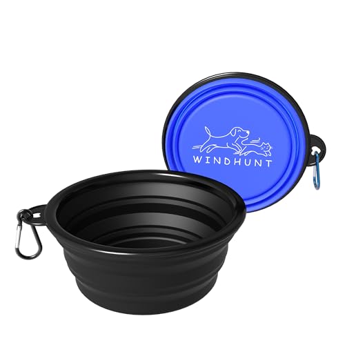 2-Pack Collapsible Dog Bowls, Portable Travel Pet Bowl with Carabiner – Foldable Silicone Feeding Dish for Dogs and Cats On-The-Go (Black + Blue) - color: Black + Blue
