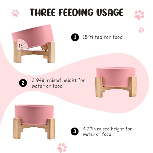 SPUNKYJUNKY 15° Slanted Ceramic Dog and Cat Bowl with Wooden Stand, Tilted Bulldog Food and Water Bowl No Slip Non-Spill for Cats Medium Dogs Big Face Pets 28.7 OZ (3.6 Cups,Pink) - color: Pink, size: 3.6 CUPS × 1