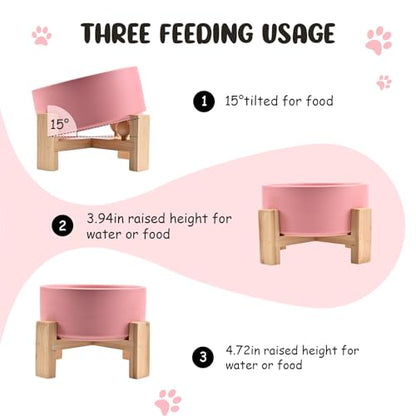 SPUNKYJUNKY 15° Slanted Ceramic Dog and Cat Bowl with Wooden Stand, Tilted Bulldog Food and Water Bowl No Slip Non-Spill for Cats Medium Dogs Big Face Pets 28.7 OZ (3.6 Cups,Pink) - color: Pink, size: 3.6 CUPS × 1