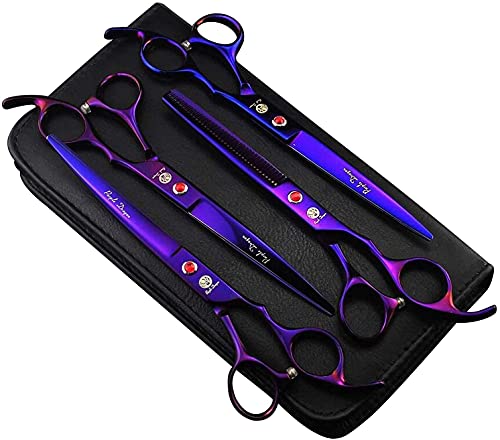 Purple Dragon Professional 7.0 inch 4PCS Pet Grooming Scissors Kit Japan Premium Steel Straight & Curved & Thinning Blade Dog Hair Cutting Shears Set with Case - color: Electroplating Purple