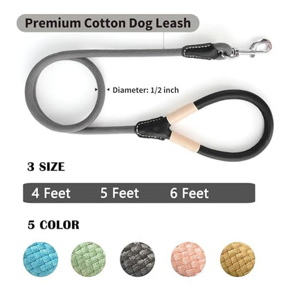 Mile High Life Dog Leash, Rope Leash with Genuine Leather Handle and Heavy Duty Metal Clasp, Great for Small Medium Large Dogs (Gray, 4FT) - color: Leather Handle-Gray, size: 48 Inch-1/2"