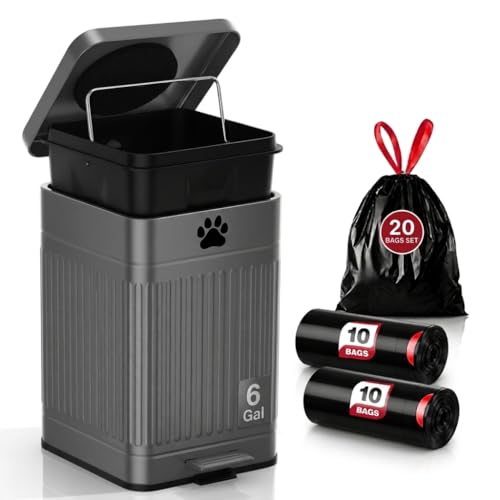 Dog Poop Trash Can Outside - 22L/6Gal Metal Outdoor Trash Can with Lid, Dog Waste Container with 20 Bags, Pet Poop Bucket with Soft Close for Backyard Odor Control, Rectangular Gray - size: 22L Rectangular Gray Trash Can