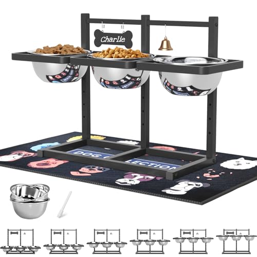 SHAINFUN Elevated Dog Bowls Stand for Medium/Large Dogs with Mat, 6 Height Adjustable Raised Dog Bowl, Three 58oz Food Water Bowls - size: Triple Dog Bowl Holder & Mat