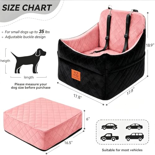 GL GLENSLAVE Dog Car Seat for Small/Medium Dogs, Dog Booster Car Seats with Thick Cushion for Dogs Under 35 lbs, Detachable Washable Pet Carseat with Storage Pockets, 2 Safety Belts(Black/Pink) - color: Black/Pink